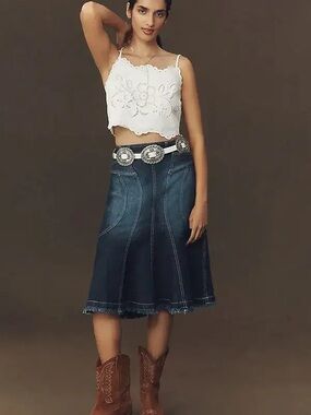 PILCRO FLUTED DENIM MIDI SKIRT